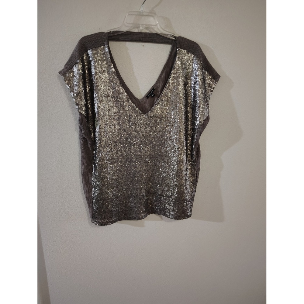 Stella & Dot Sequin‎ V-Neck Top Taupe Grey Cutout Back XXL Holiday Party Blouse